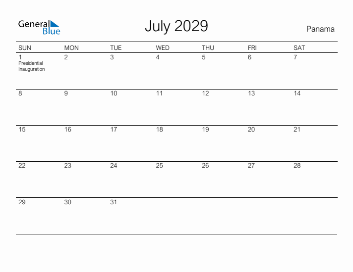 Printable July 2029 Calendar for Panama