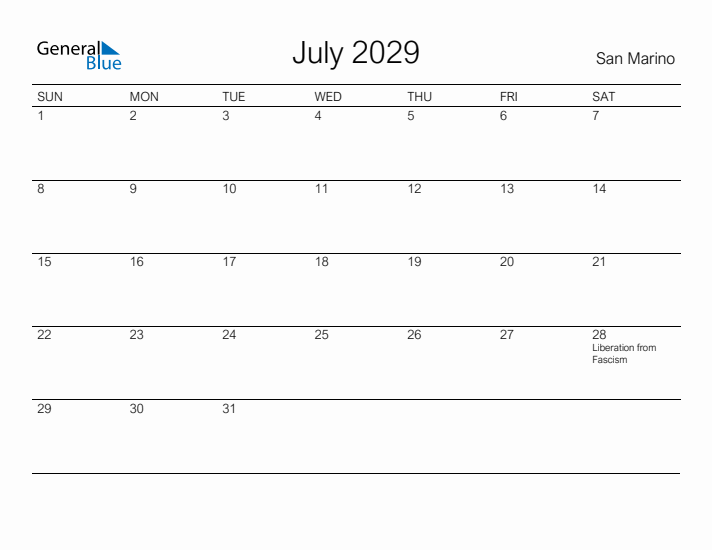 Printable July 2029 Calendar for San Marino