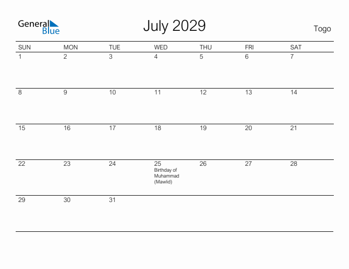 Printable July 2029 Calendar for Togo