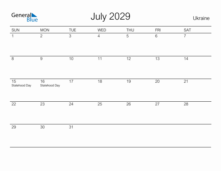 Printable July 2029 Calendar for Ukraine