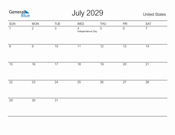 Printable July 2029 Calendar for United States