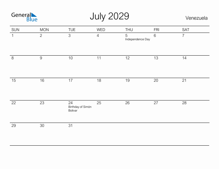 Printable July 2029 Calendar for Venezuela