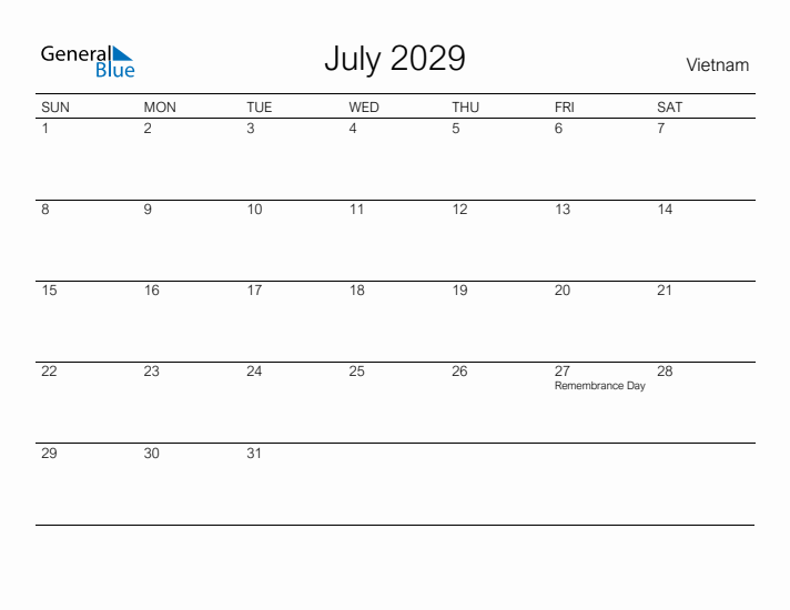 Printable July 2029 Calendar for Vietnam