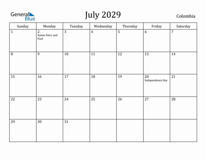 July 2029 Calendar Colombia