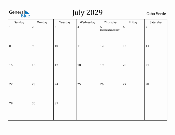 July 2029 Calendar Cabo Verde