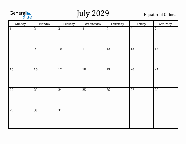 July 2029 Calendar Equatorial Guinea