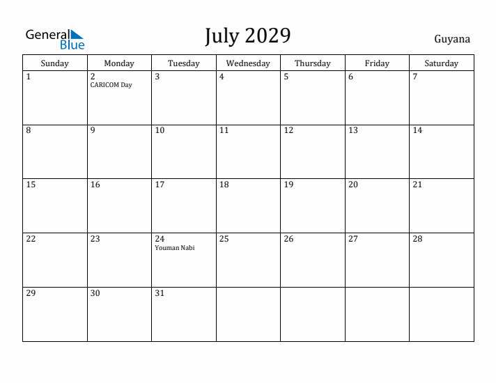 July 2029 Calendar Guyana