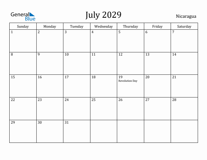 July 2029 Calendar Nicaragua