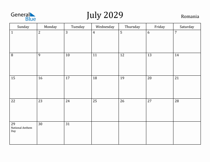 July 2029 Calendar Romania