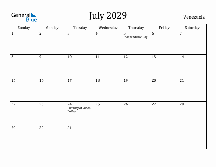 July 2029 Calendar Venezuela