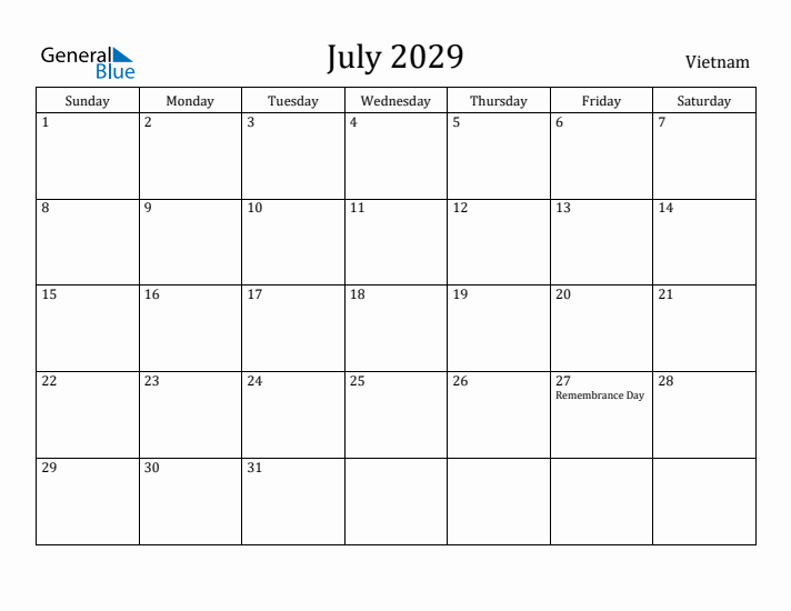 July 2029 Calendar Vietnam