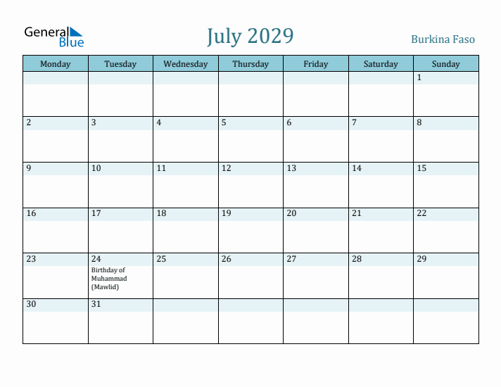 July 2029 Calendar with Holidays