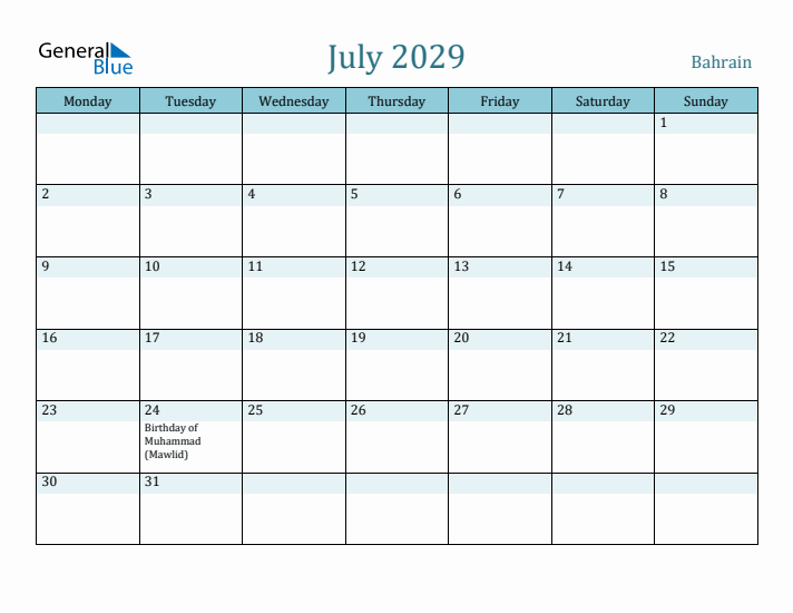 July 2029 Calendar with Holidays