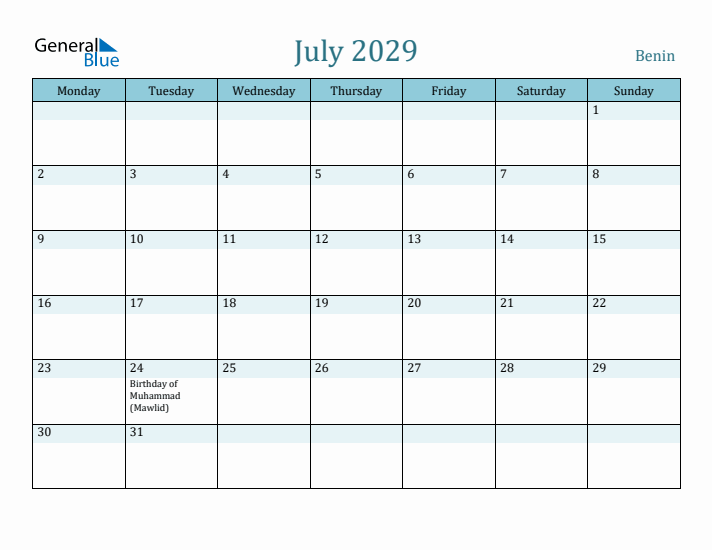 July 2029 Calendar with Holidays