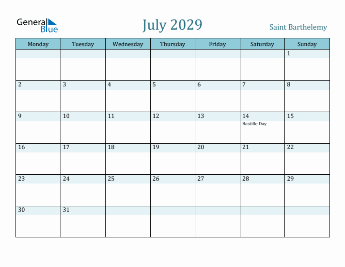 July 2029 Calendar with Holidays