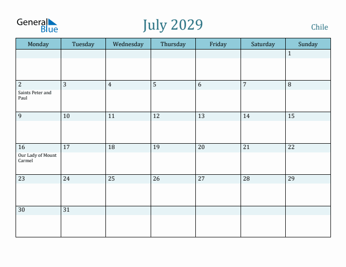 July 2029 Calendar with Holidays