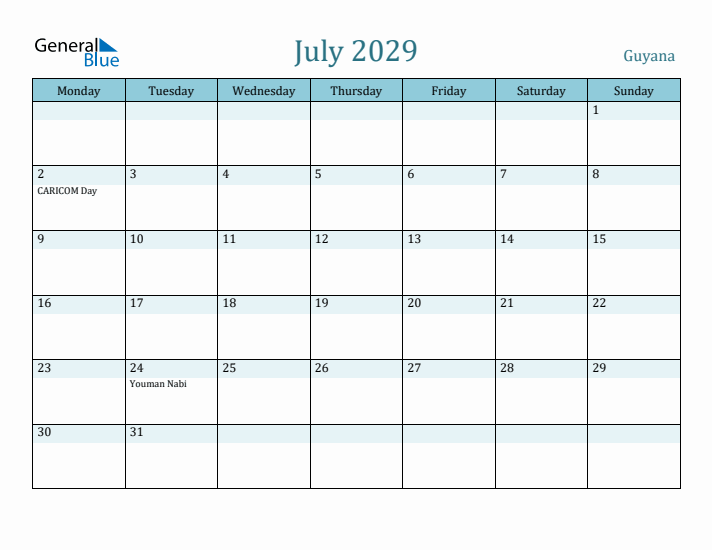 July 2029 Calendar with Holidays