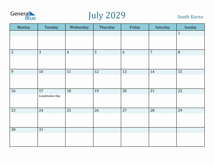 July 2029 Calendar with Holidays