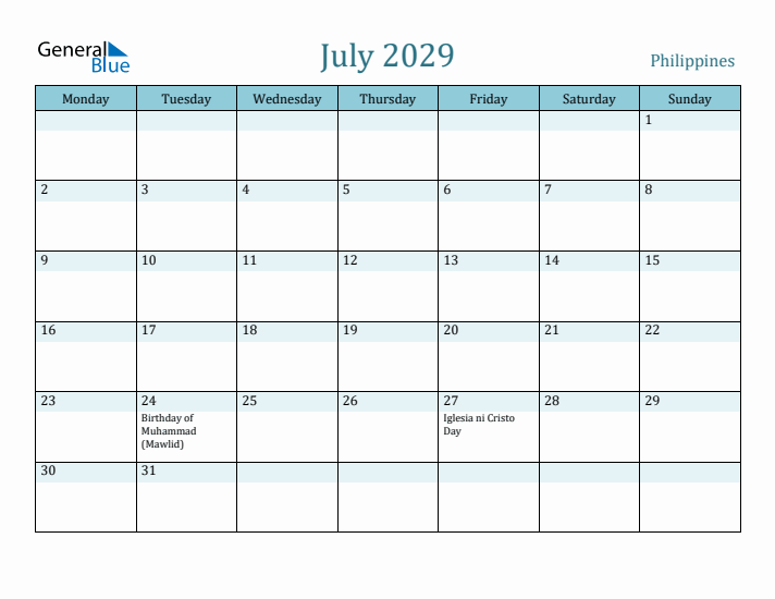 July 2029 Calendar with Holidays