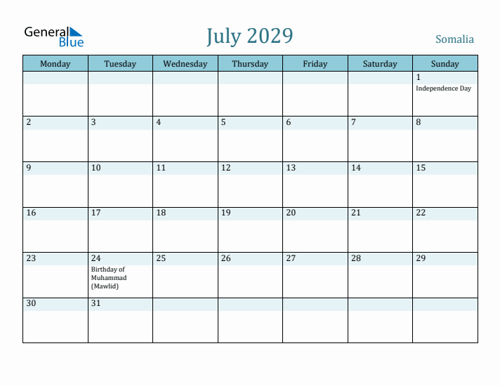 July 2029 Calendar with Holidays