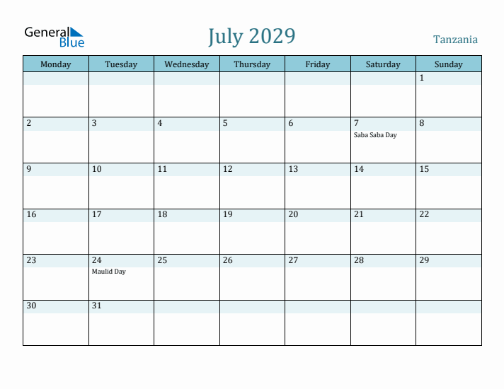 July 2029 Calendar with Holidays