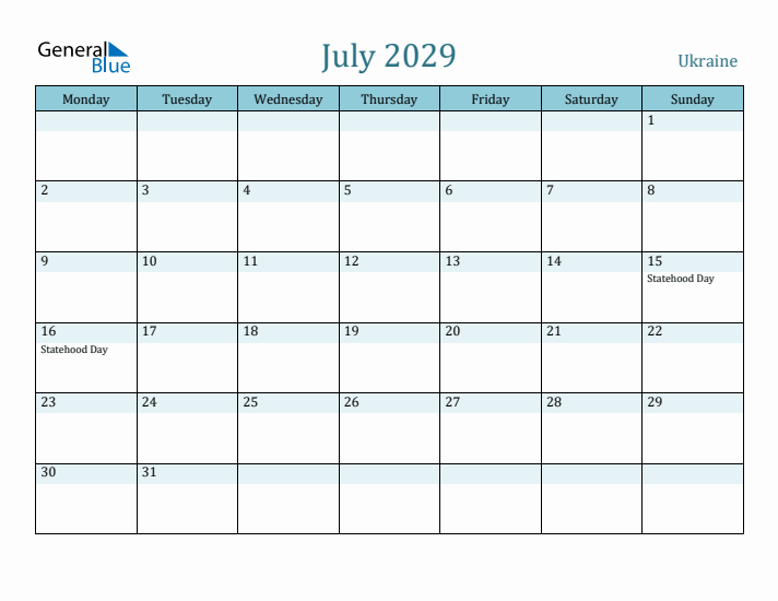 July 2029 Calendar with Holidays