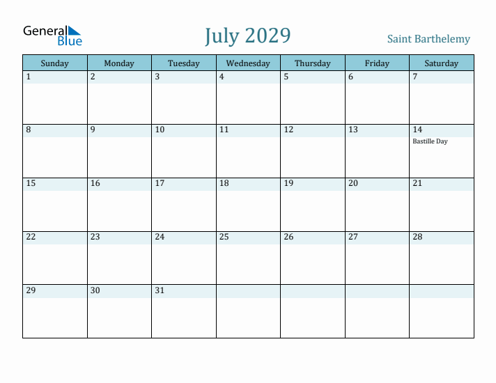 July 2029 Calendar with Holidays