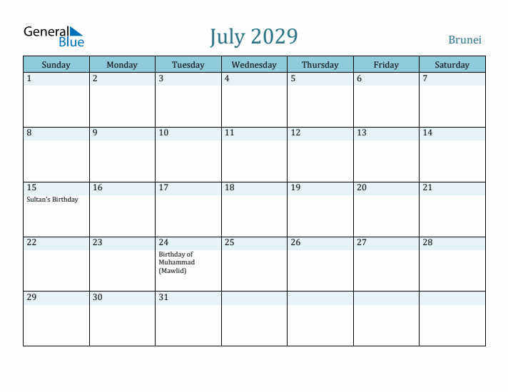 July 2029 Calendar with Holidays