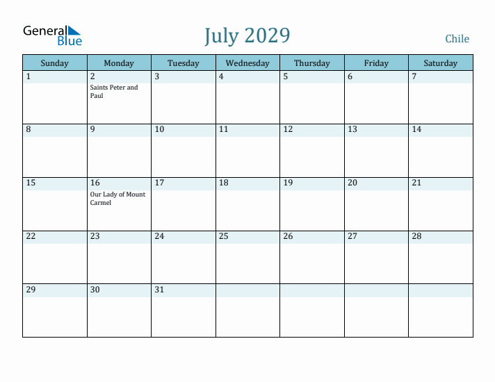 July 2029 Calendar with Holidays