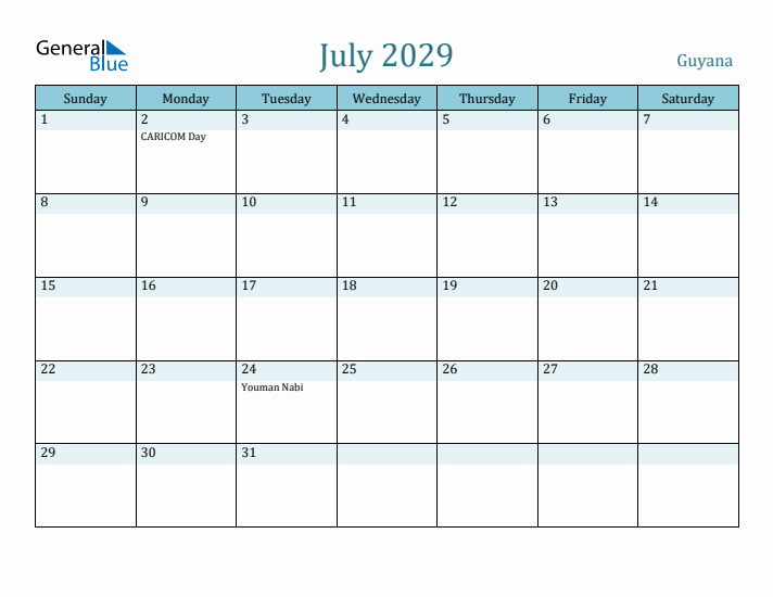 July 2029 Calendar with Holidays