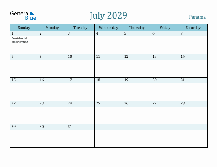 July 2029 Calendar with Holidays