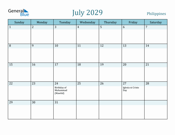 July 2029 Calendar with Holidays