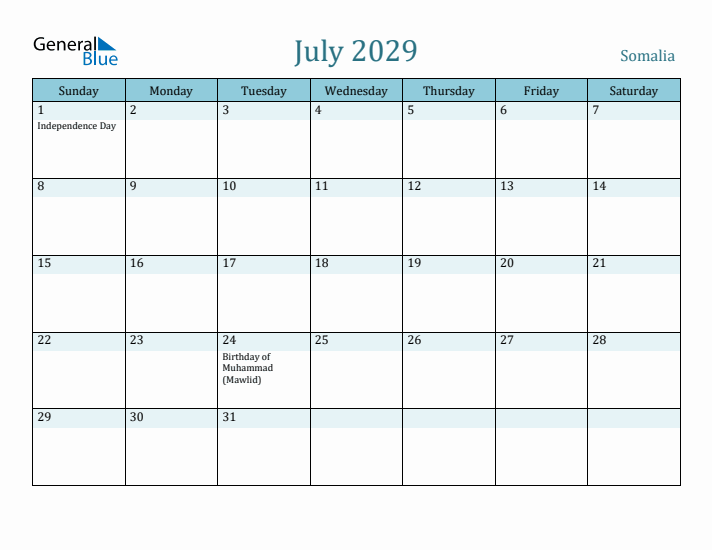 July 2029 Calendar with Holidays