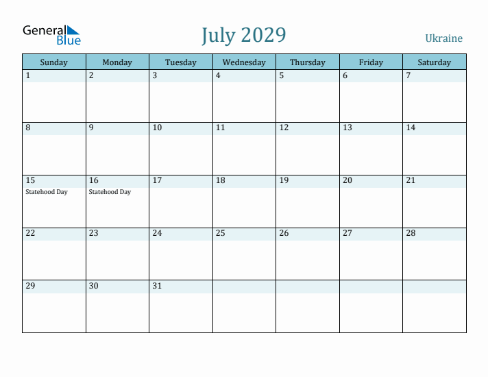 July 2029 Calendar with Holidays