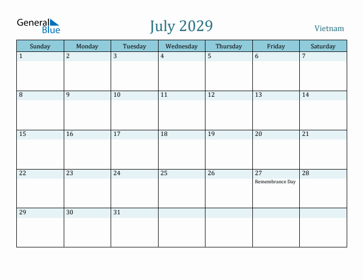 July 2029 Calendar with Holidays