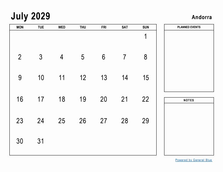 July 2029 Printable Monthly Calendar with Andorra Holidays