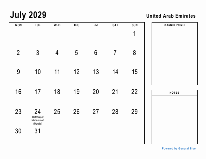 July 2029 Printable Monthly Calendar with United Arab Emirates Holidays