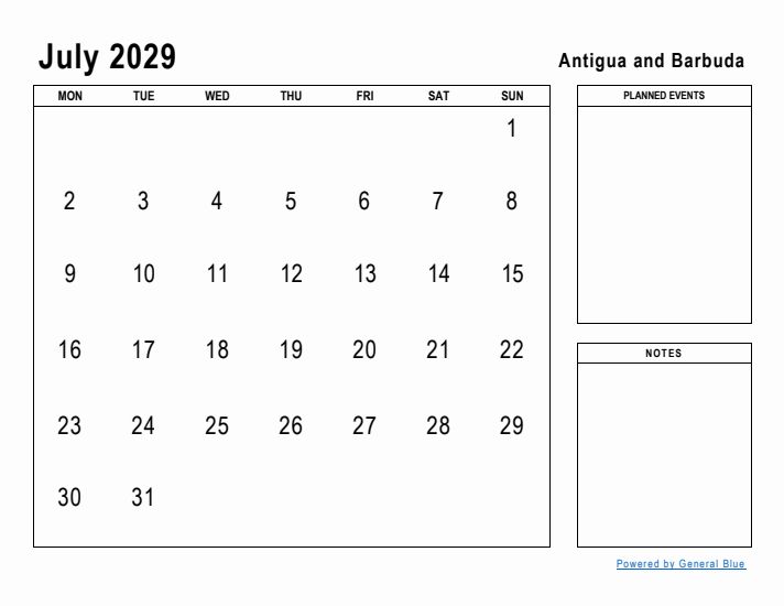 July 2029 Printable Monthly Calendar with Antigua and Barbuda Holidays