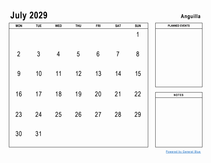 July 2029 Printable Monthly Calendar with Anguilla Holidays