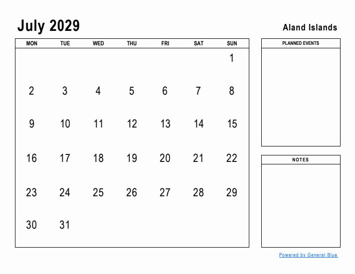 July 2029 Printable Monthly Calendar with Aland Islands Holidays