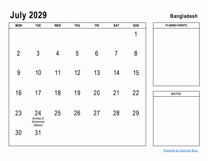 July 2029 Printable Monthly Calendar with Bangladesh Holidays