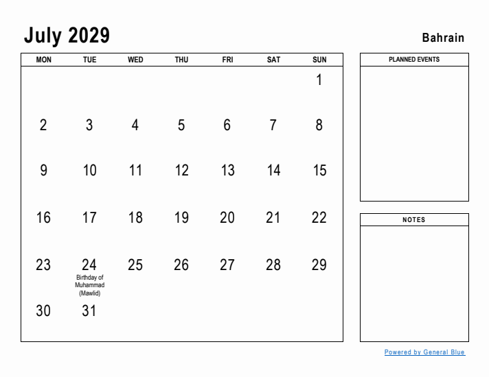 July 2029 Printable Monthly Calendar with Bahrain Holidays