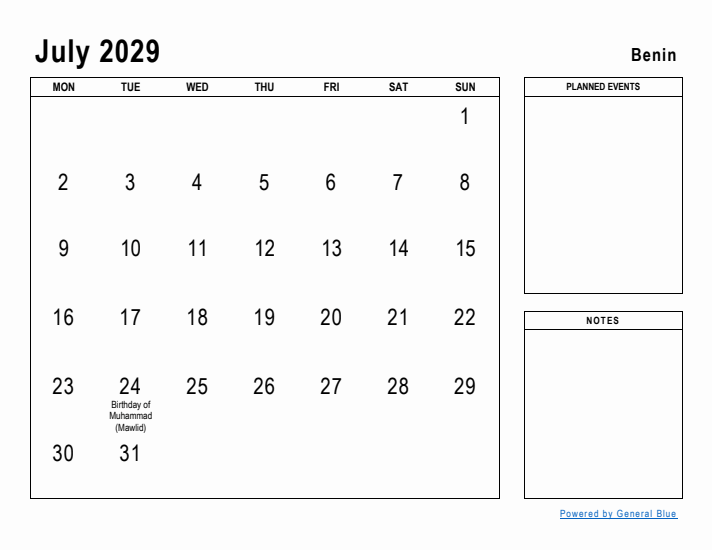 July 2029 Printable Monthly Calendar with Benin Holidays