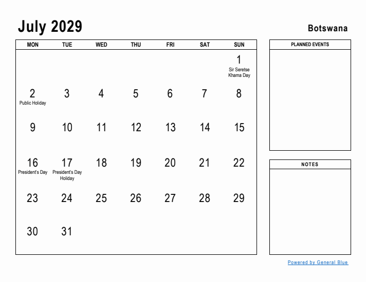 July 2029 Printable Monthly Calendar with Botswana Holidays