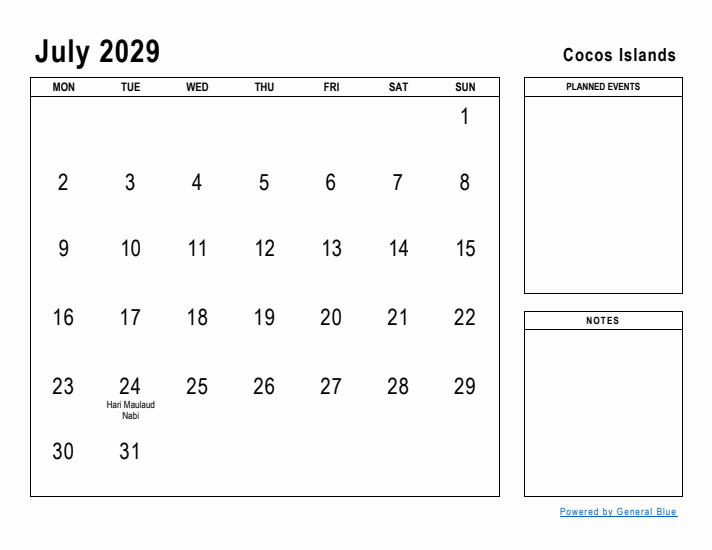 July 2029 Printable Monthly Calendar with Cocos Islands Holidays