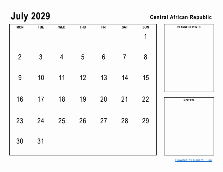 July 2029 Printable Monthly Calendar with Central African Republic Holidays