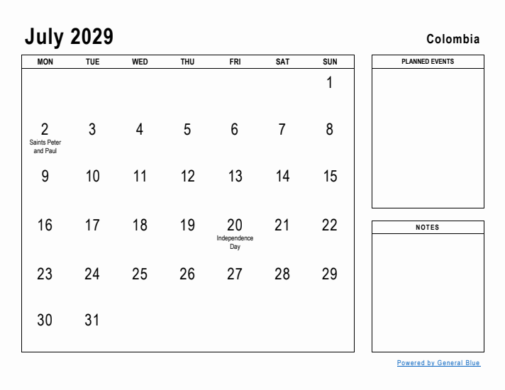 July 2029 Printable Monthly Calendar with Colombia Holidays