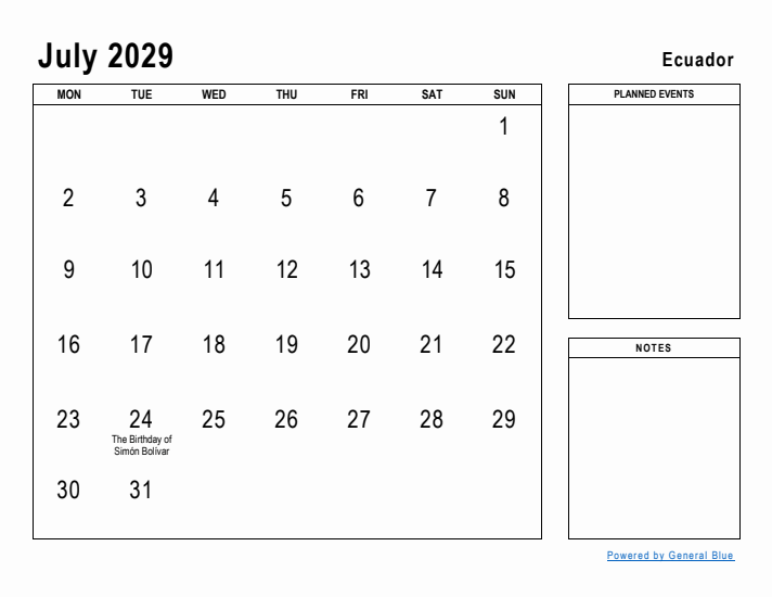 July 2029 Printable Monthly Calendar with Ecuador Holidays