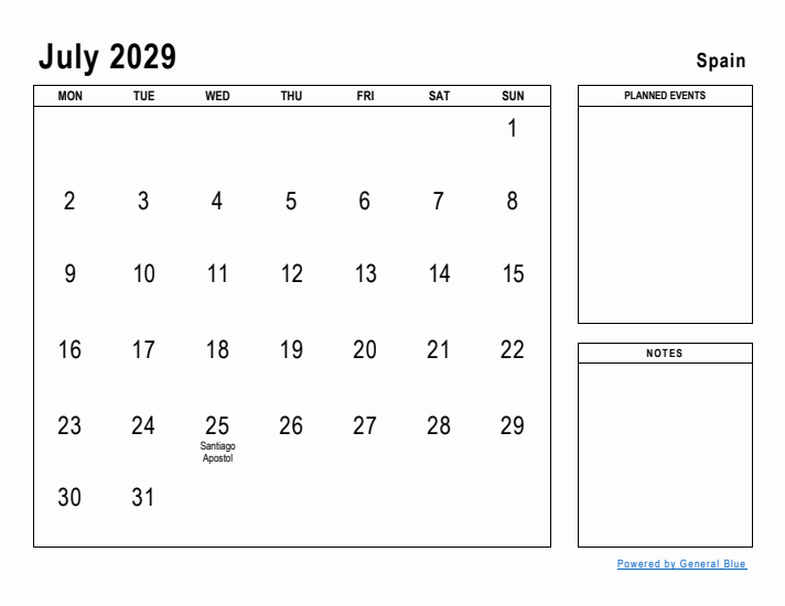 July 2029 Printable Monthly Calendar with Spain Holidays