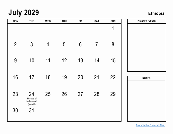 July 2029 Printable Monthly Calendar with Ethiopia Holidays